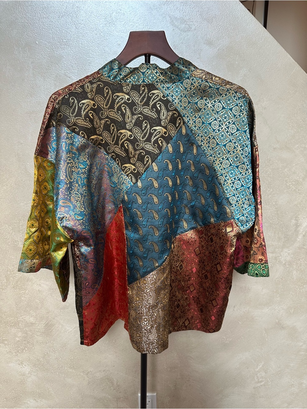 Sacred Threads Multicolor Patchwork Satin Button-Front Top - Picture 8 of 13